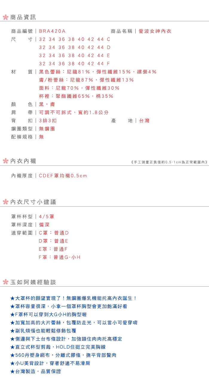 【玉如阿姨】愛波女神內衣。無鋼圈-集中-爆乳-舒適-台灣製-C.D.E.F。※0420黑